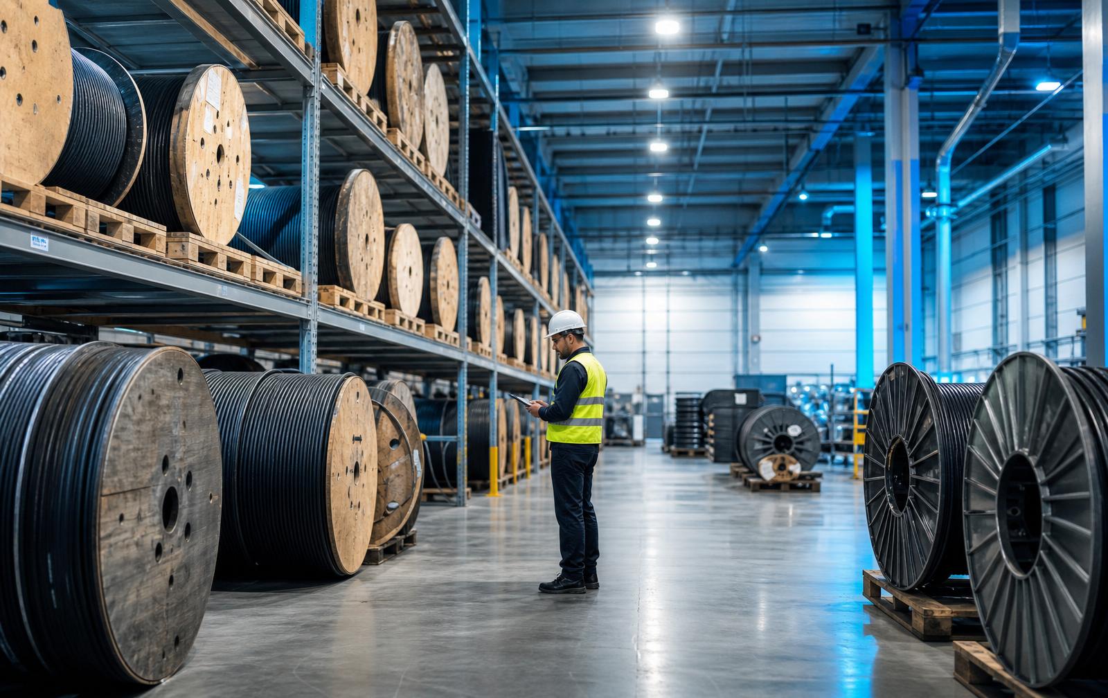 Almacén industrial de suministro eléctrico con carretes de cable de potencia y personal técnico