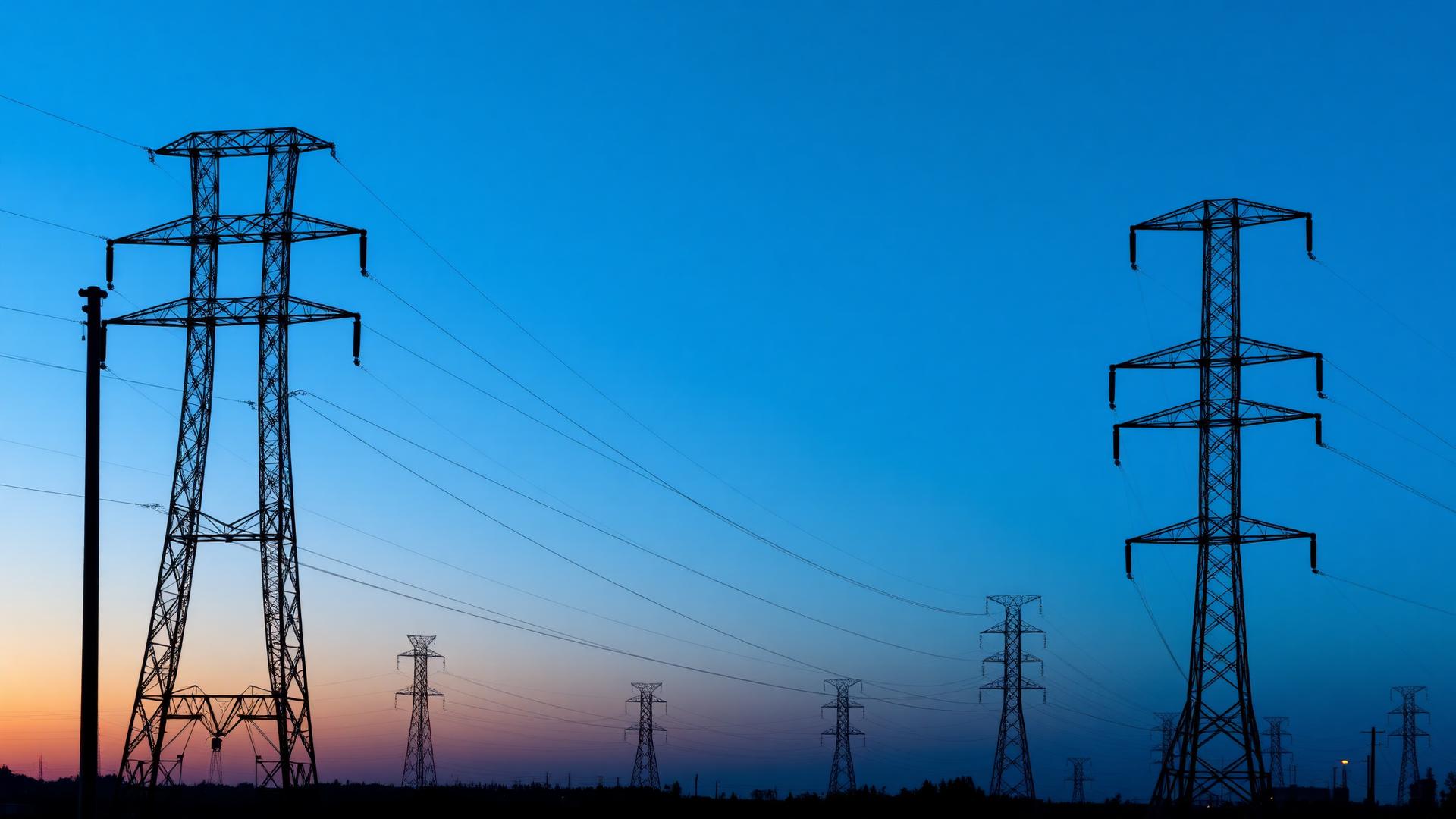 Torres de transmisión eléctrica de alta tensión al anochecer