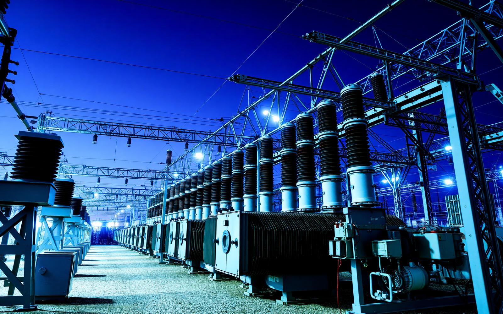 Subestación eléctrica de alta tensión con transformadores e insuladores